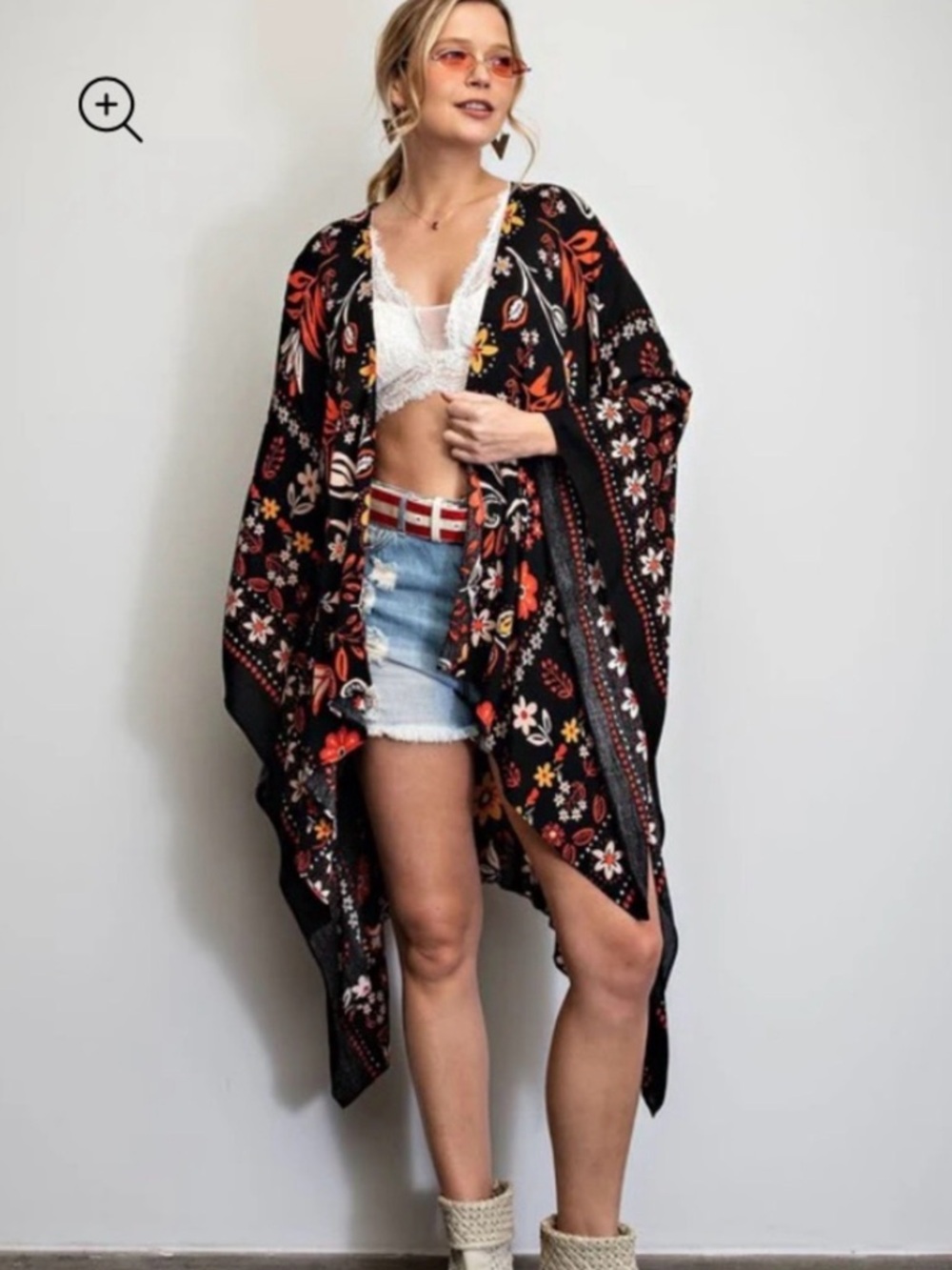 NWT EASEL Black Floral Open Kimono Jacket